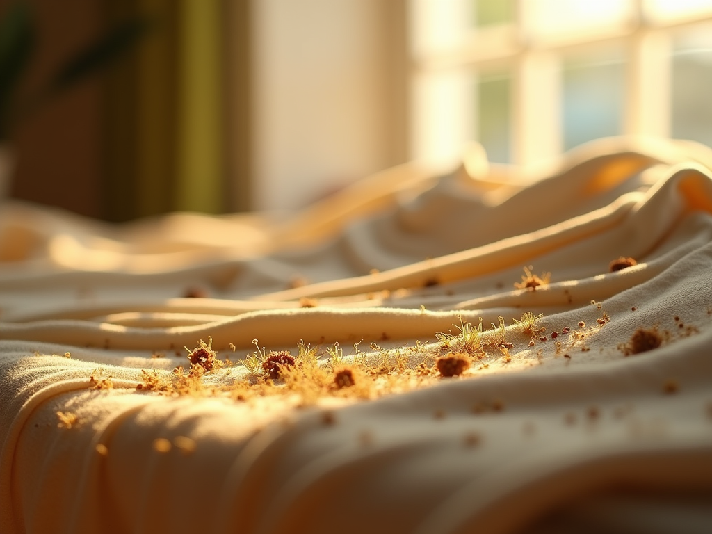 Warm sunlight shines over crumpled sheets scattered with crumbs and small debris.