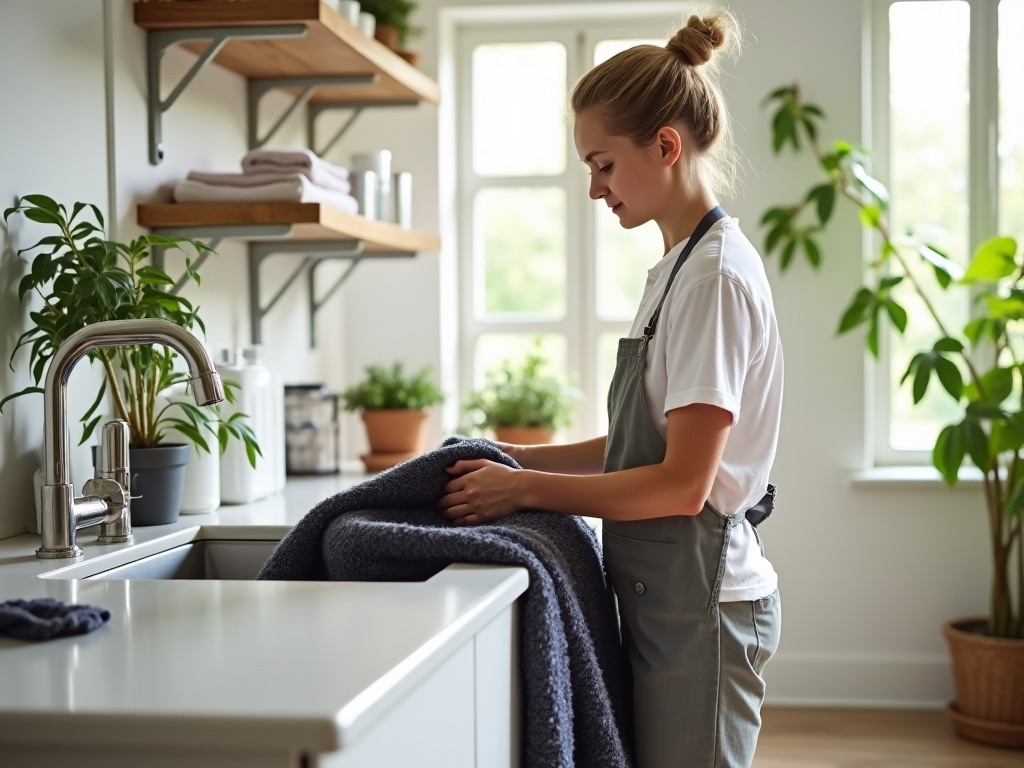 Woman in overalls folding a towel in a bright, plant-filled kitchen.