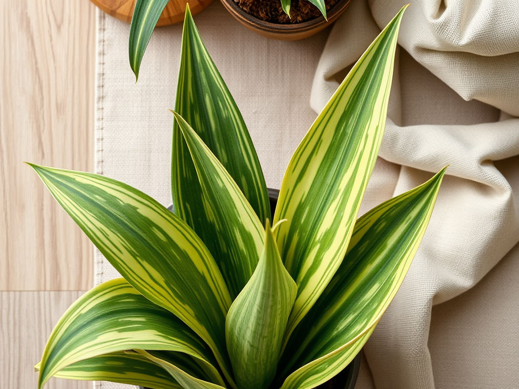 A close-up of a green and yellow striped plant on a textured surface, with a soft cloth and wooden round tray nearby.