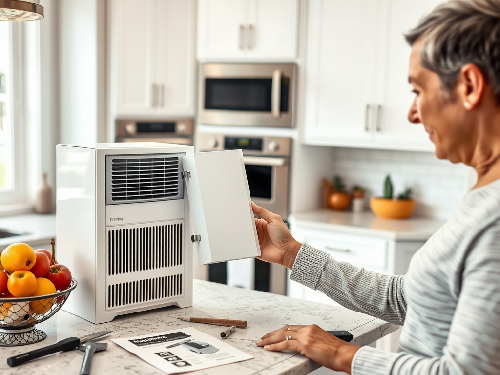 A woman examines a portable air conditioner in a modern kitchen, surrounded by fresh fruits and tools.