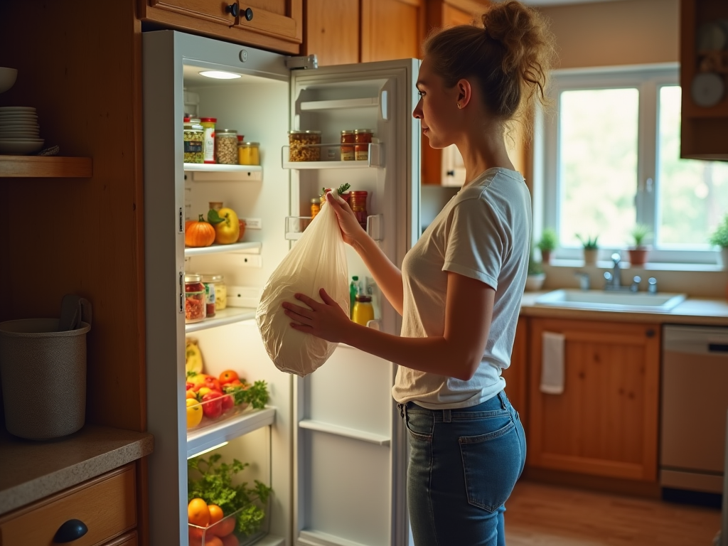 Woman holding a bag while opening a fully stocked refrigerator in a cozy kitchen.