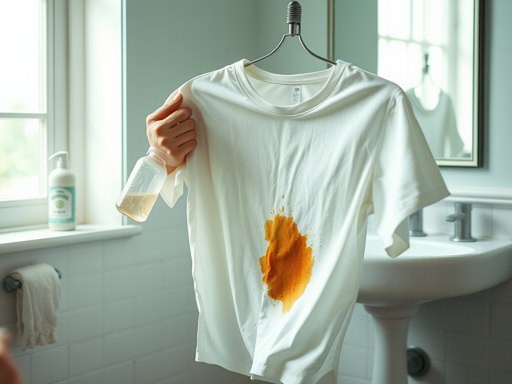 A person holds a stained white shirt in one hand and a bottle of cleaning solution in the other, in a bathroom.