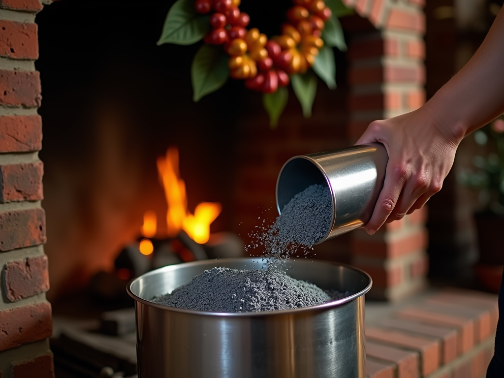 Hand pouring powdered ingredient into pot with blazing fireplace in background.