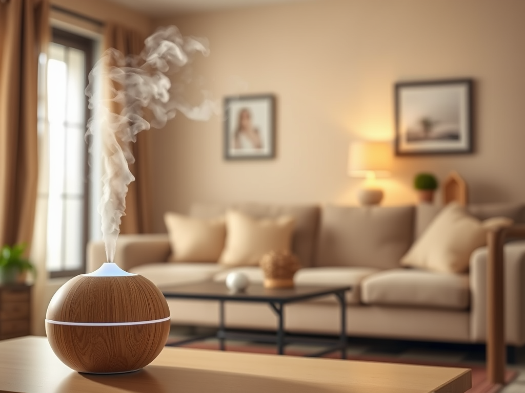 A wooden essential oil diffuser emits steam in a cozy living room with soft furnishings and warm lighting.