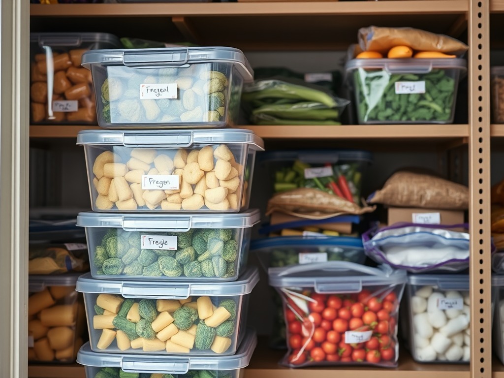 A neatly organized pantry with clear containers filled with various vegetables and fruits, labeled for easy access.