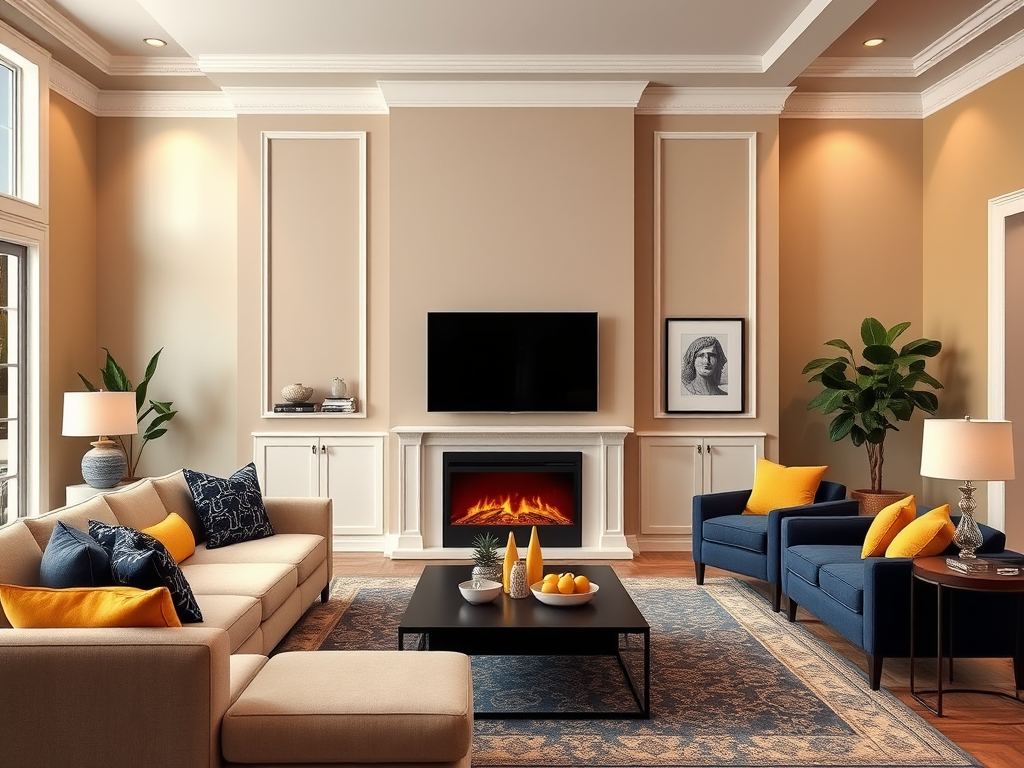 A cozy living room with beige walls, a fireplace, TV, blue chairs, and a sofa adorned with colorful cushions.