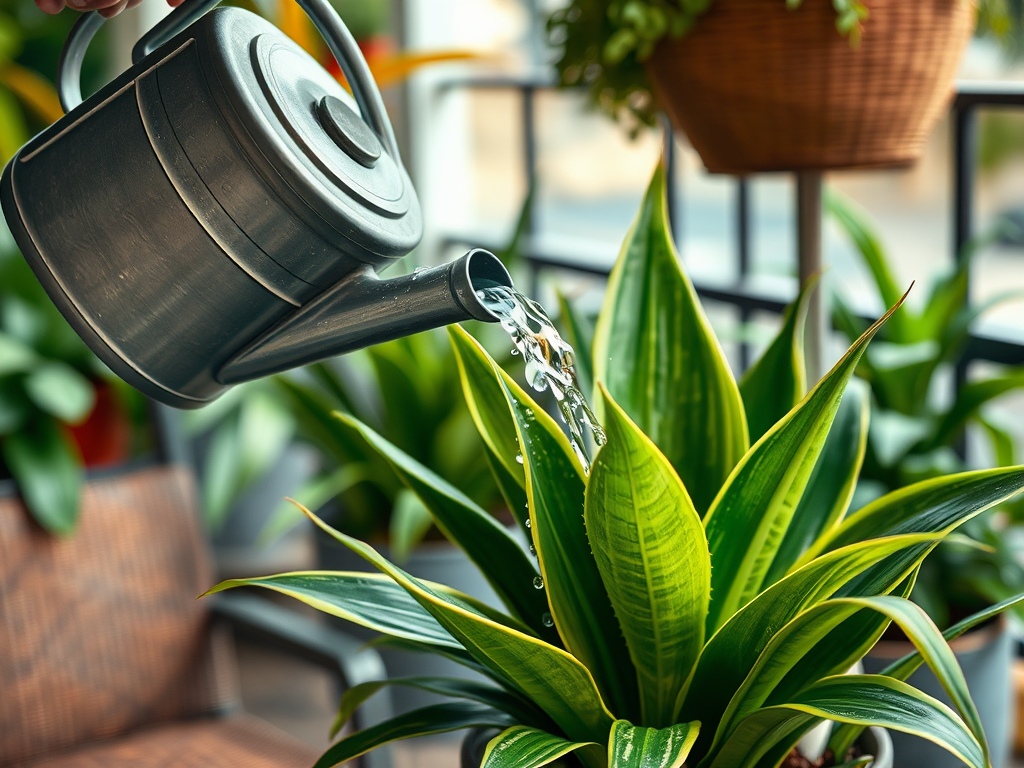 A hand holding a metallic watering can pours water onto a vibrant green plant with striped leaves indoors.