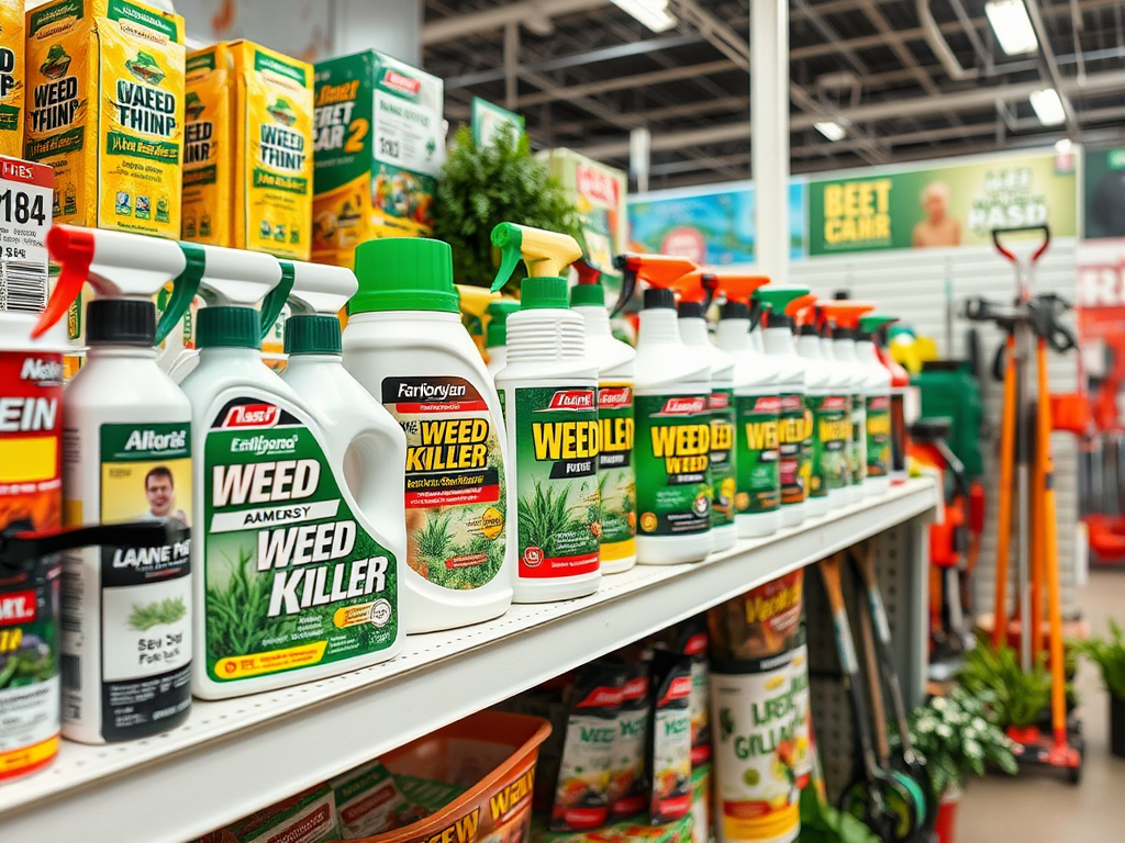 A shelf displaying various weed killer products with colorful labels in a gardening store.