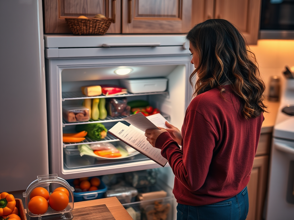 A woman stands in front of an open fridge, checking a list while exploring its contents. Fresh produce is visible.