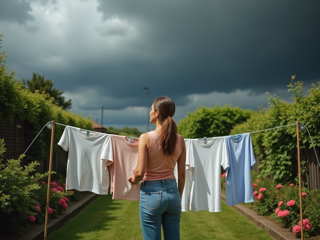 Woman hanging clothes on a line in a backyard under a stormy sky.