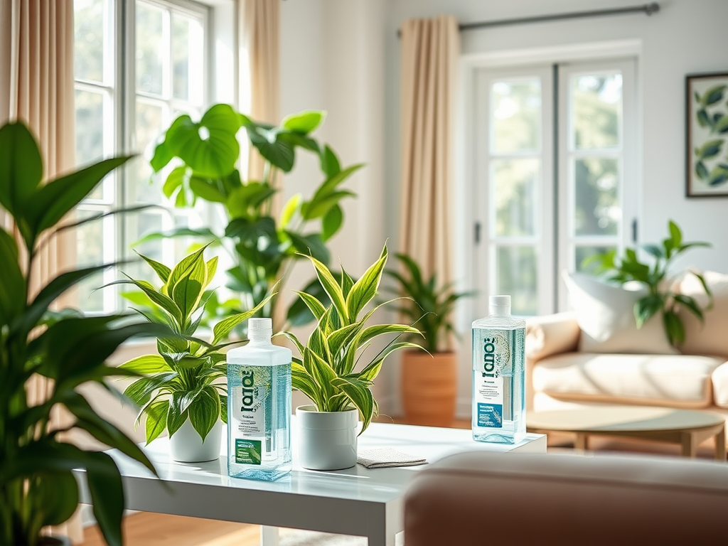 A bright living room filled with plants and two bottles of cleaning solution on a white table. Sunlight streams in.