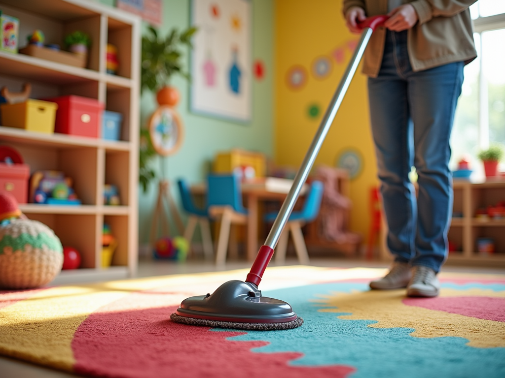 Adult using a vacuum cleaner on a colorful rug in a vibrant children's playroom.