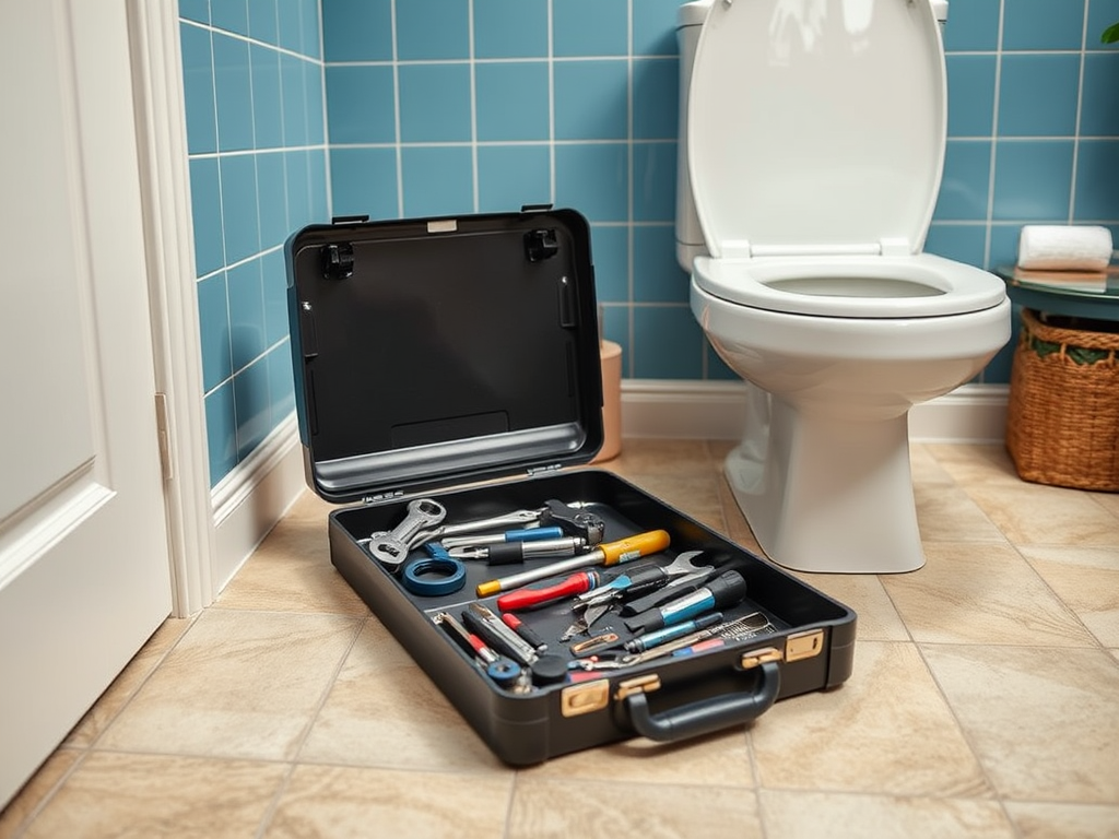 A black tool case with various tools is placed on the floor next to a white toilet in a tiled bathroom.