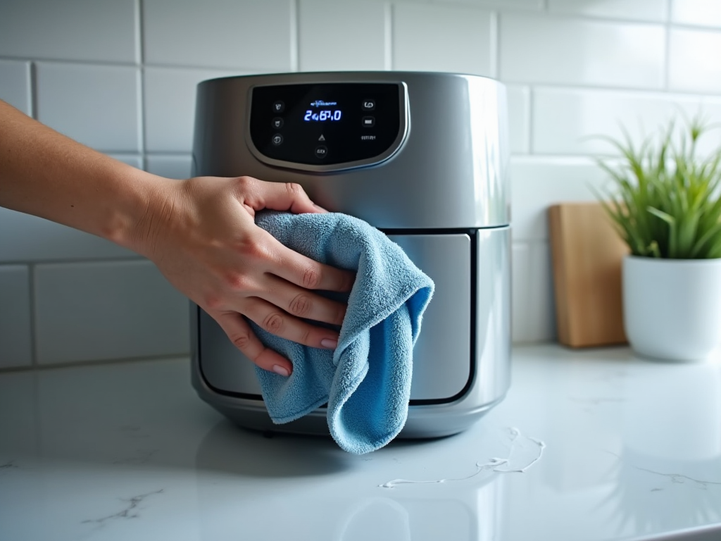 Person wiping a modern air fryer with a blue cloth in a kitchen.