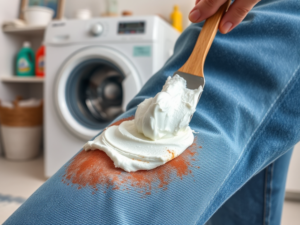 A person applies a creamy stain remover to a stained blue jean knee, with a washing machine in the background.