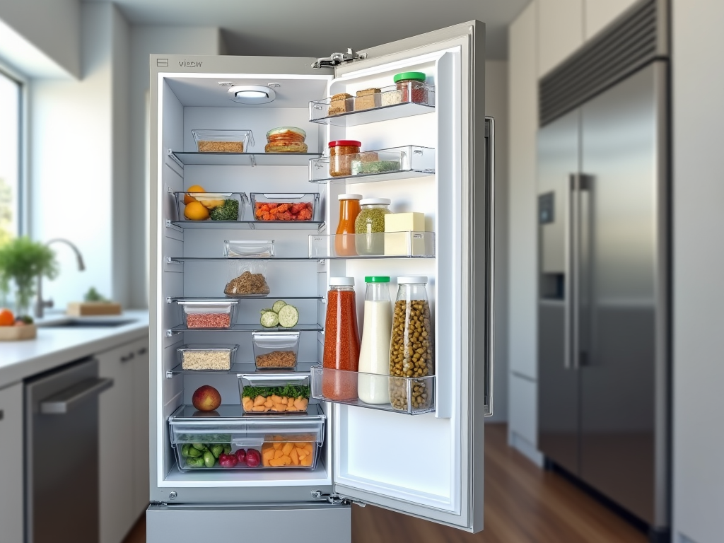 Open modern refrigerator stocked with various fresh foods and beverages in a bright kitchen.