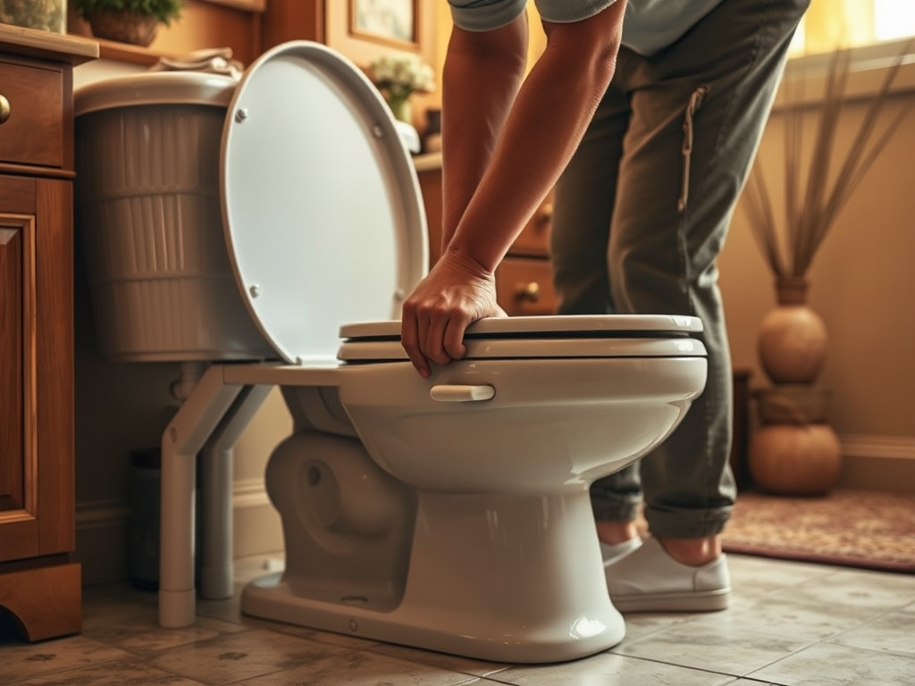 A person is adjusting the lid of a white toilet in a home bathroom with wooden cabinets.