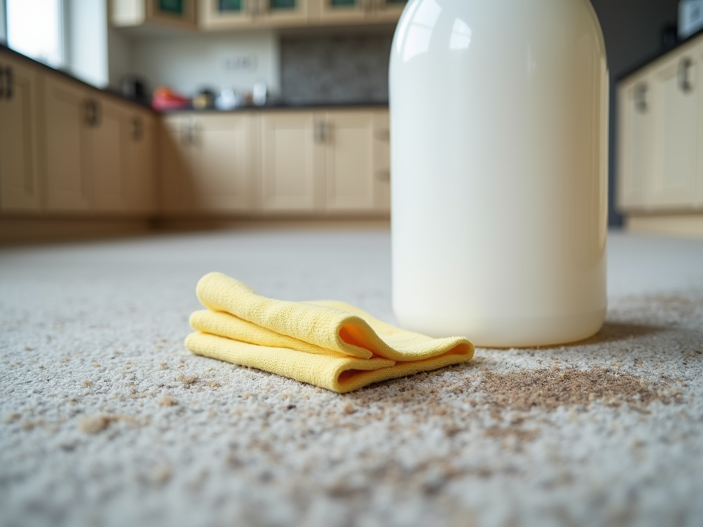 A yellow cleaning cloth on a carpeted floor with a white container in the background in a kitchen.