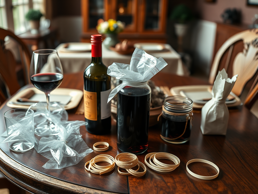 A table set with red wine, glasses, rubber bands, and jars, creating a cozy dining atmosphere.