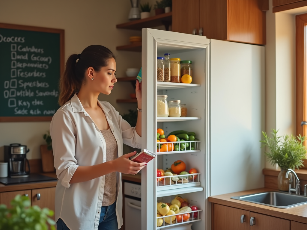 Woman checks food label in fridge filled with fresh produce in a well-organized kitchen.