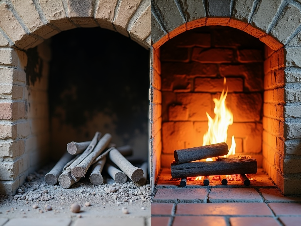 Split image of a cold brick fireplace on the left and the same fireplace lit with fire on the right.