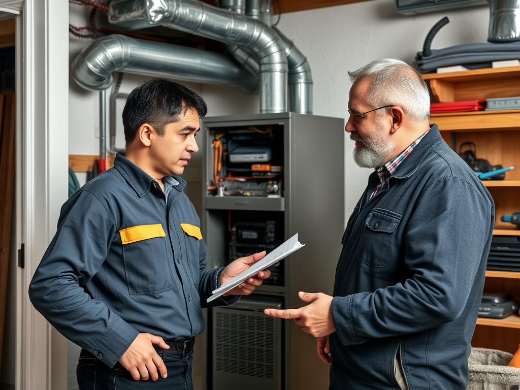 A young technician discusses details with an older man in a utility room filled with equipment and piping.