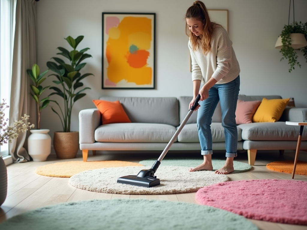 Woman vacuuming a colorful rug in a stylish living room.