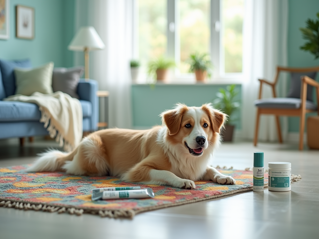 Happy dog lying on a colorful rug with grooming products, in a cozy, well-lit living room.