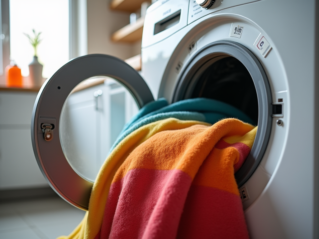 Colorful towels spilling out from an open washing machine in a bright room.