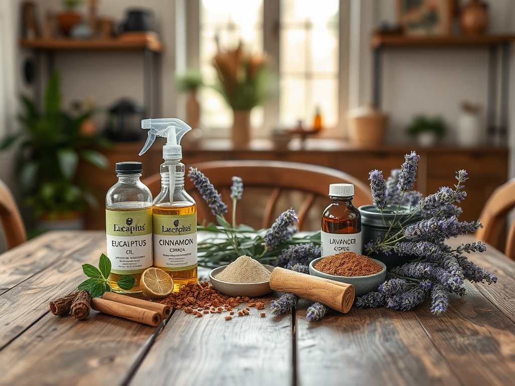 A wooden table with eucalyptus and cinnamon oils, spices, lavender, and fresh herbs arranged attractively.