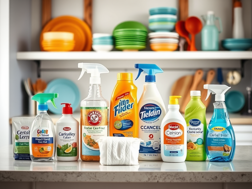 Various cleaning products arranged on a countertop with colorful dishes in the background.