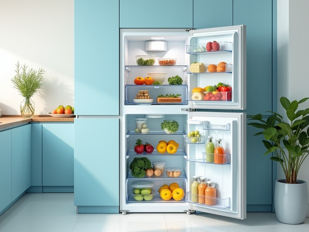 Open refrigerator full of fresh fruits, vegetables, juice, and meals, in a blue kitchen.