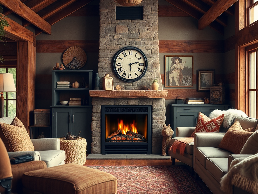 A cozy living room with a stone fireplace, wooden accents, and warm textiles, creating a welcoming atmosphere.