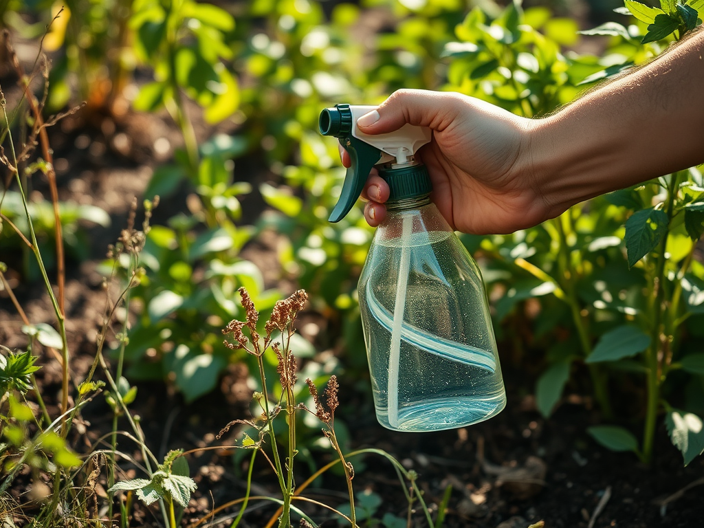 A hand holding a spray bottle above plants in a garden, ready to water or treat the foliage.